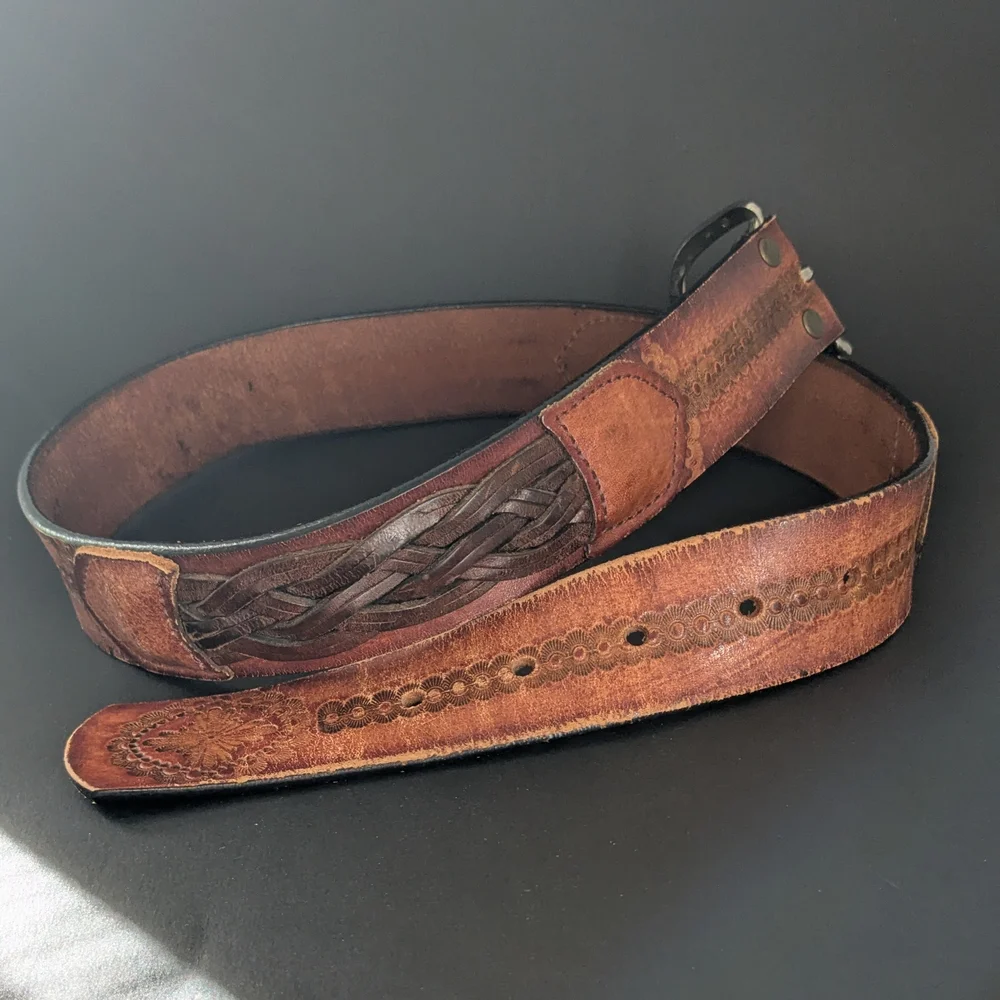 Vintage Leegin USA Full Grain Leather Western Tooled Floral Braided Belt Sz 30